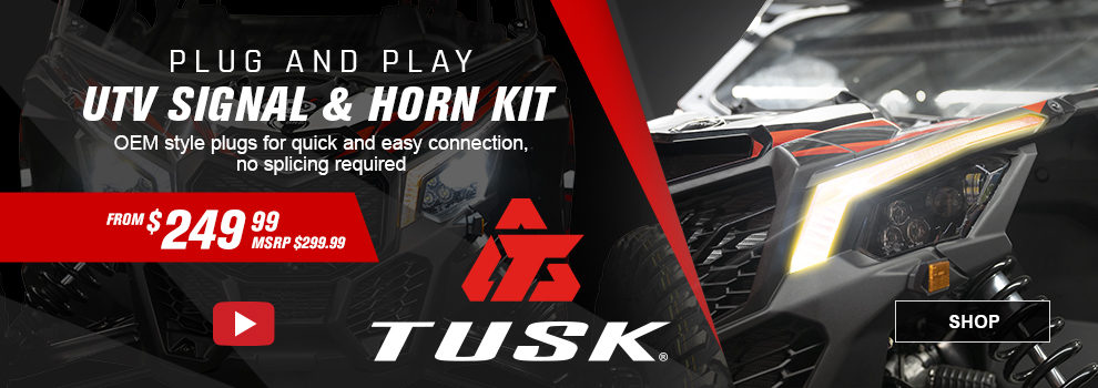 Tusk Plug and Play UTV Horn and Signal Kit, OEM style plugs for quick and easy connection, no splicing required, From $249 and 99 cents, MSRP $299 and 99 cents, Video, a shot of the accent light lit up on a CAN-AM Maverick X3, link, shop