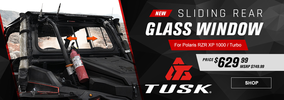 New, Tusk Sliding Rear Glass Window, For Polaris RZR XP 1000 / Turbo, Price $629 and 99 cents, MSRP $749 and 99 cents, the rear window installed on a machine with arrows showing the rear window opening, link, shop