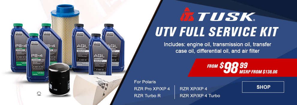 Tusk UTV Full Service Kit, Includes engine oil, transmission oil, transfer case oil, differential oil, and air filter, From $98 and 99 cents, MSRP from $138 and 6 cents, For Polaris RZR Pro XP/XP 4, RZR Turbo R, RZR XP/XP 4, Polaris oils along with a Tusk oil filter and an air filter, link, shop