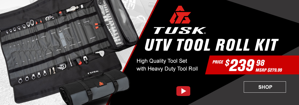 Tusk UTV Tool Roll Kit, Price $239 and 99 cents, MSRP $279 and 99 cents, the tool roll opened up showing all of the tools within along with a shot of it rolled up, High quality tool set with heavy duty tool roll, video available, link, shop