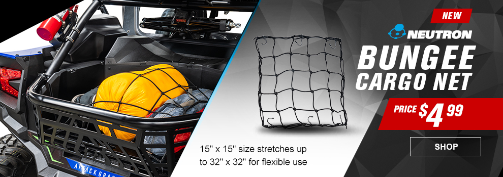 New, Neutron Bungee Cargo Net, Price $4 and 99 cents, 15-inch by 15-inch size stretches up to 32-inches by 32-inches for flexible use, the cargo net being used to hold down some bags in the bed of a side-by-side, link, shop