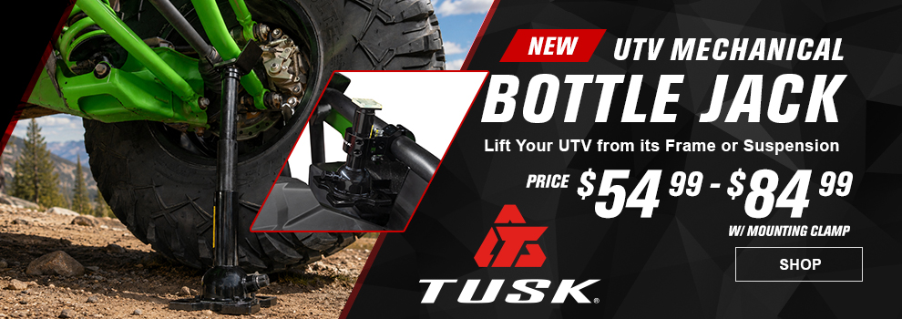 New, Tusk UTV Mechanical Bottle Jack, Lift your UTV from its frame or suspension, price $54.99 to $84.99 with mounting clamp, link, shop
