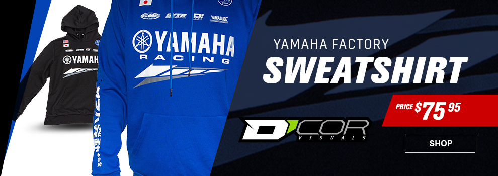 D'COR Visuals, Yamaha Factory Sweatshirt, Price $75 and 95 cents, a closeup of the blue sweatshirt and a full-view of the black sweatshirt, link, shop