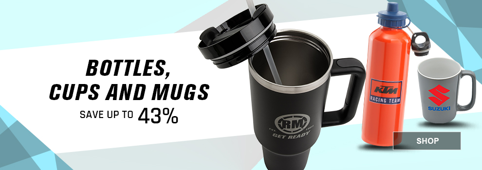 Bottles, Cups and Mugs, Save up to 43 percent, a Rocky Mountain ATV/MC Insulated Tumbler with handle and straw along with a KTM water bottle and a Suzuki coffee mug, link, shop