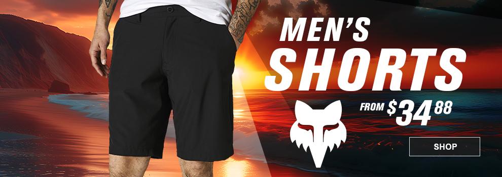 Fox Men's Shorts, From $34 and 88 cents, a man wearing a pair of black shorts on a beach at sunset, link, shop