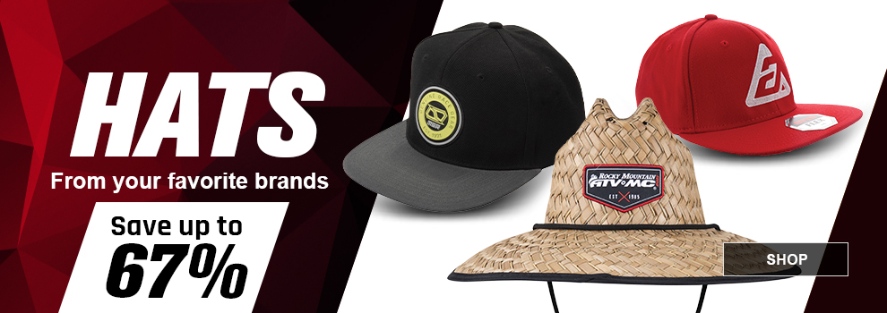 Hats from your favorite brands, Save up to 67 percent, an MSR hat, Rocky Mountain ATV/MC Straw Hat, and an Answer hat, link, shop