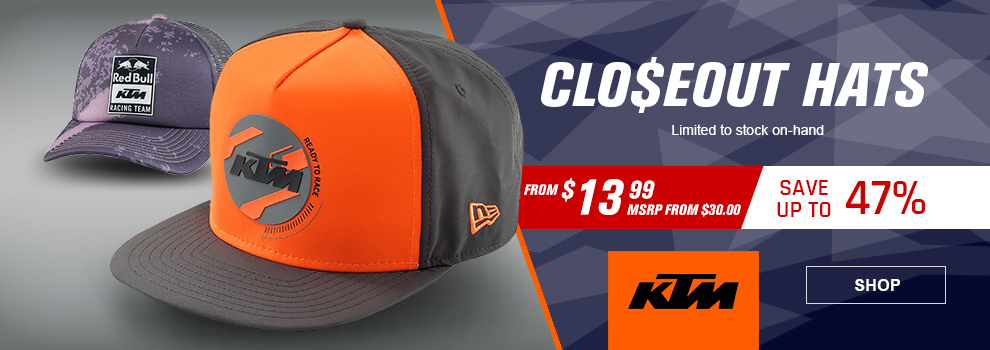 KTM Closeout Hats, Limited to stock on hand, From $13 and 99 cents, MSRP from $30, save up to 47 percent, the orange and grey Stamp hat along with the purple Red Bull Racing Team Shred hat, link, shop