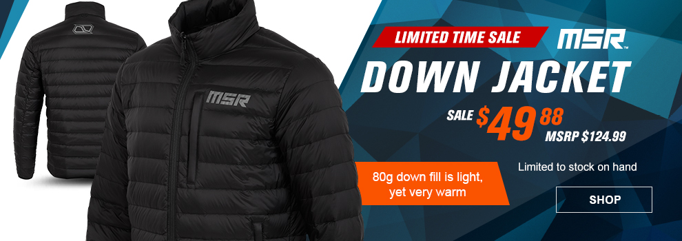 Limited Time Sale, MSR Down Jacket, Sale $49 and 88 cents, MSRP $129 and 99 cents, Limited to stock on hand, a front and rear view of the jacket, call-out, 80 gram down fill is light, yet very warm, link, shop