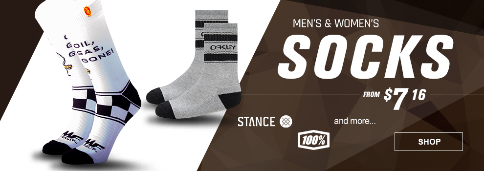 Men's and Women's Socks, From $7 and 16 cents, Stance, 100 percent, and more, a pair of white FMF Mr Pre Mix Socks along with a pair of Granite Heather Oakley B1B Icon Socks, link, shop