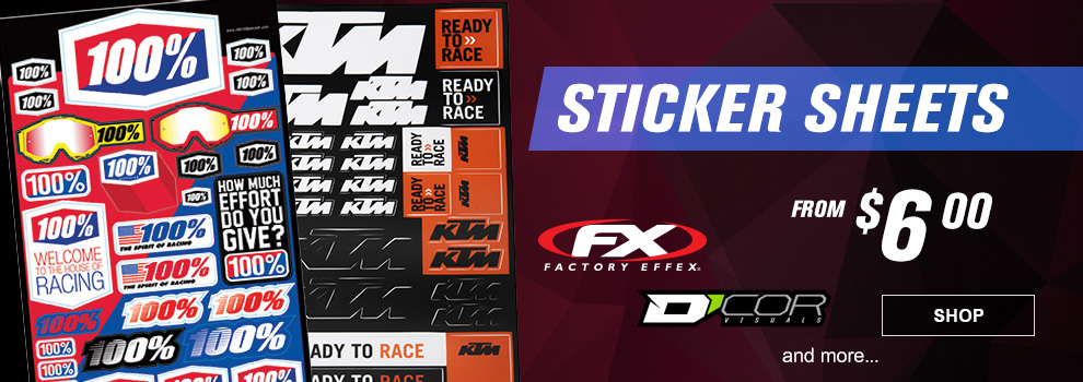 Sticker Sheets, From $6, Factory Effex, D'COR Visuals and more, a 100 percent goggles sticker sheet along with a KTM sticker sheet, link, shop