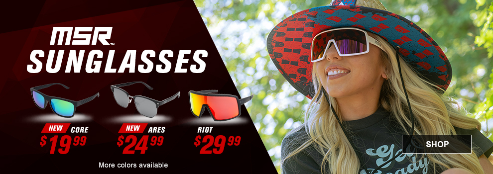 MSR Sunglasses, New, Core $19 and 99 cents, New, Ares $24 and 99 cents, Riot $29 and 99 cents, more colors available, a woman sitting under a tree, wearing a white pair of Riot Sunglasses, link, shop