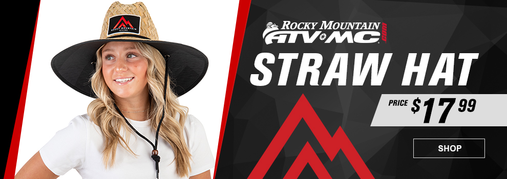 Rocky Mountain ATV/MC Straw Hat, Price $17 and 99 cents, a blonde woman wearing the hat, link, shop