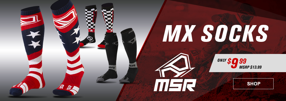 MSR MX Socks, Only $9 and 99 cents, MSRP $13 and 99 cents, the Stars and Stripes, black, and checkers socks, link, shop