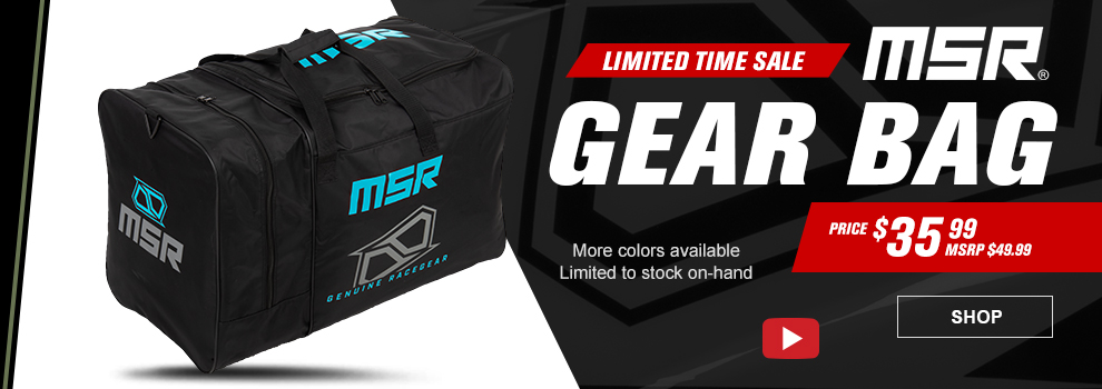 Limited Time Sale, MSR Gear Bag, Price $35 and 99 cents, MSRP $49 and 99 cents, Video available, a black and blue MSR gear bag, More colors available, Limited to stock on hand, link, shop