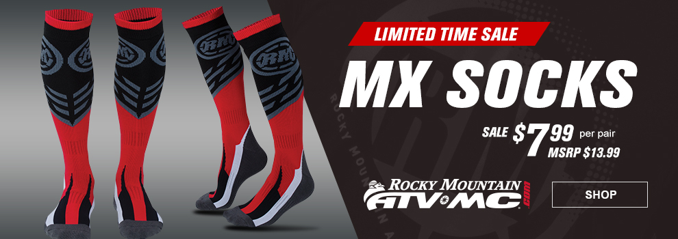 Limited Time Sale, Rocky Mountain ATV/MC MX Socks, Sale $7 and 99 cents per pair, MSRP $13 and 99 cents, a front and side view of the socks, link, shop