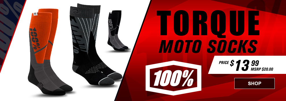 100 Percent Torque Moto Socks, Price $13 and 99 cents, MSRP $20, a collage of the Torque Moto Socks, link, shopjpg