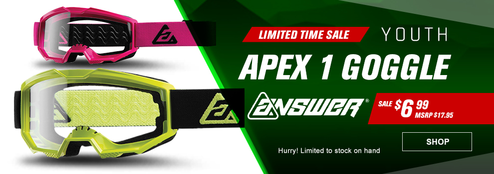 Limited Time Sale, Answer Youth Apex 1 Goggle, Sale $6 and 99 cents, MSRP $17 and 95 cents, Hurry! Limited to stock on hand, the black/hyper acid and pink/black goggles, link, shop