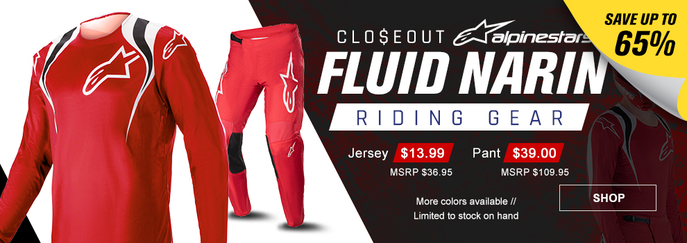Closeout Alpinestars Fluid Narin Riding Gear, Save up to 65 percent, Jersey $13 and 99 cents, MSRP $36 and 95 cents, Pant $39, MSRP $109 and 95 cents, the Mars Red/White jersey and pant, more colors available, limited to stock on hand, link, shop