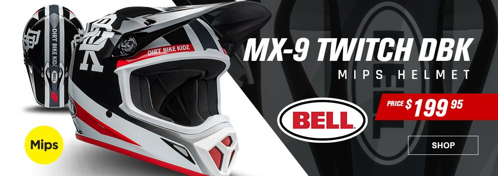 Bell MX-9 Twitch DBK MIPS Helmet, Price $199 and 95 cents, a 3/4 shot of the black/white/red helmet along with a shot of the top of the helmet, link, shop