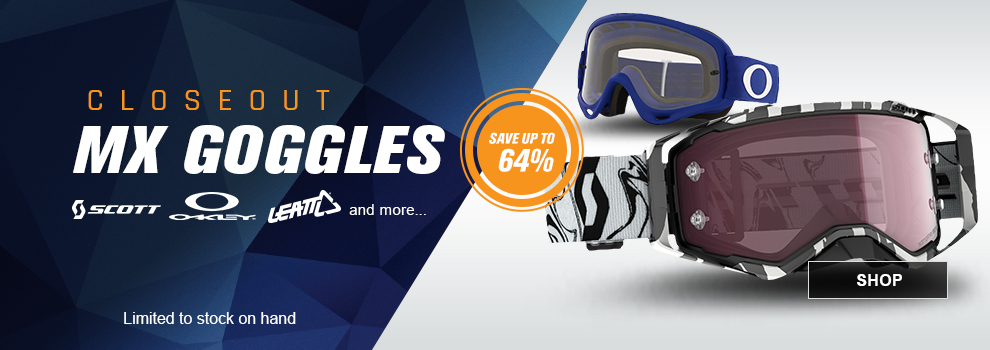 Closeout MX Goggles, Save up to 64 percent, Scott, Oakley, Leatt, and more, an Oakley and Scott Goggle, Limited to stock on hand, link, shop