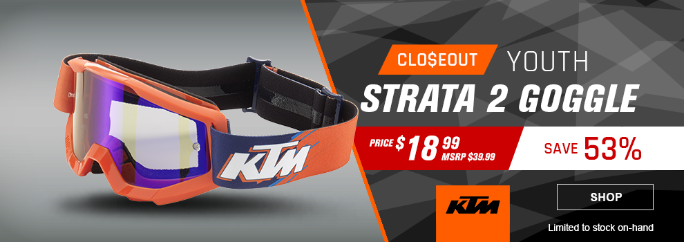 KTM Closeout Youth Strata 2 Goggle, Price $18 and 99 cents, MSRP $39 and 99 cents, save 53 percent, limited to stock on hand, the orange goggles, link, shop