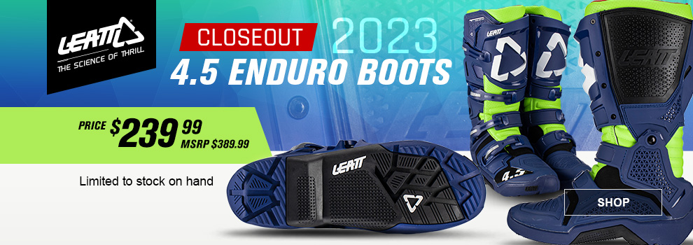 Leatt, the science of thrill, Closeout 2023 4 point 5 Enduro Boots, Price $239 and 99 cents, MSRP $389 and 99 cents, Limited to stock on hand, multiple views of the Blue boot, link, shop