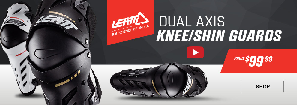 Leatt, Dual Axis Knee/Shin Guards, Video, Price $99 and 99 cents, both the Black and White Knee Guards, link, shop