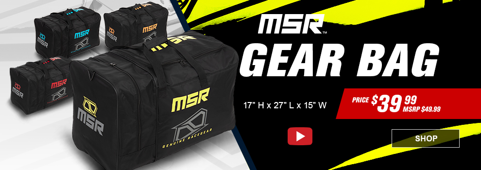 MSR Gear Bag, 17 inches high by 27 inches long by 15 inches wide, Price $39 and 99 cents, MSRP $49 and 99 cents, Video, the Flo Green, Red, Blue, and Orange gear bags, link, shop