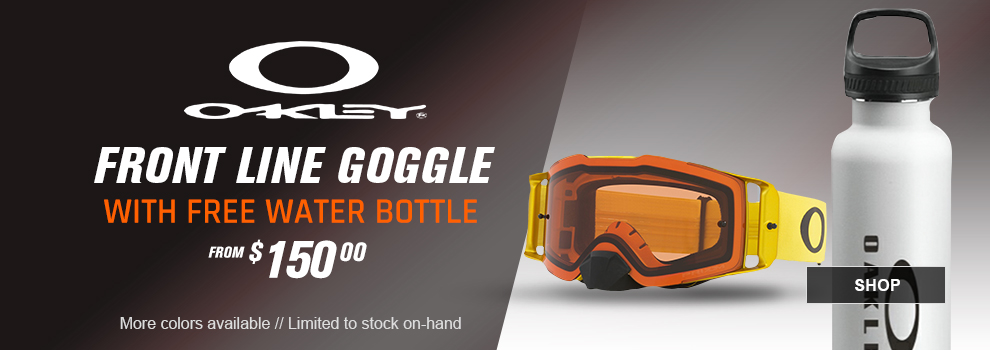 Oakley Front Line Goggle with Free water bottle, From $150, More colors available, Limited to stock on hand, the Moto Yellow Frame goggle with the free white water bottle, link, shop