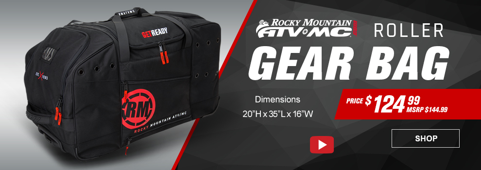 Rocky Mountain ATV/MC Roller Gear Bag, Price $124 and 99 cents, MSRP $144 and 99 cents, Dimensions 20 inches high by 35 inches long by 16 inches wide, the gear bag, video, link, shop