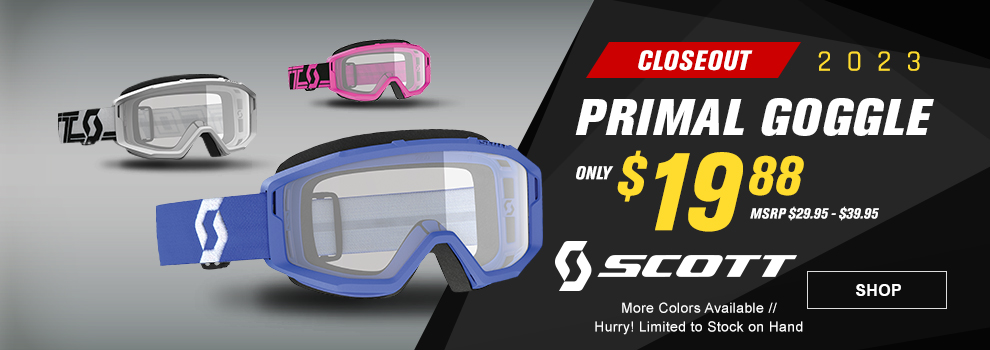 Scott Closeout 2023 Primal Goggle, Only $19 and 88 cents, MSRP $29 and 95 cents to $39 and 95 cents, a pair of the blue, white, and pink goggles, More colors available, Hurry! Limited to stock on hand, link, shop