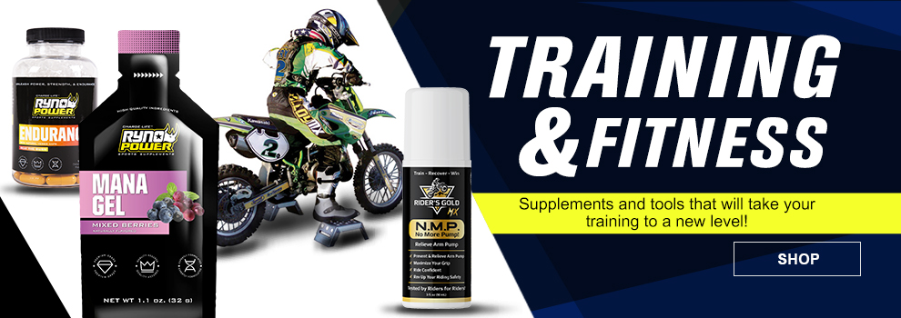 Training and Fitness, Supplements and tools that will take your training to a new level, some Ryno Power supplements, Riders Gold No More Pump Roller, and someone sitting on a dirt bike using the Motorsport Products Mini Moto Starting Blocks, link, shop