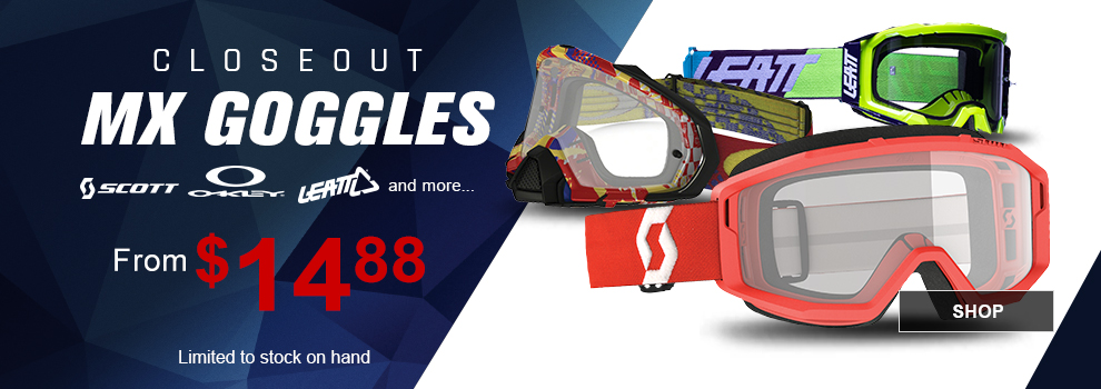 Closeout MX Goggles, Scott, Oakley, Leatt, and more, from $14 and 88 cents, a collage of goggles, limited to stock on hand, link, shop