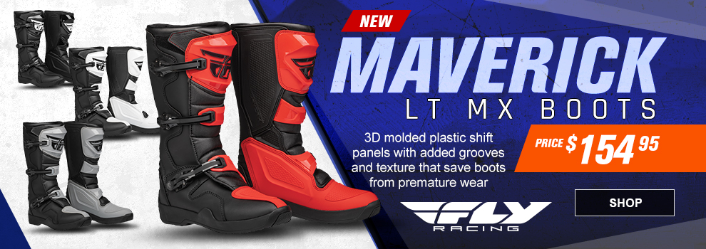 New, Fly Racing Maverick LT MX Boots, Price $154 and 95 cents, 3D molded plastic shift panels with added grooves and texture that save boots from premature wear, a collage of the boots, link, shop
