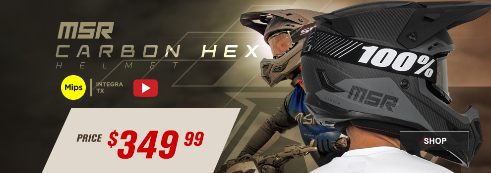 MSR Carbon Hex Helmet, MIPS, Integra TX, Video, Price $349 and 99 cents, a man standing with a side view of the black/grey helmet along with someone riding a dirt bike with the helmet in the background, link, shop