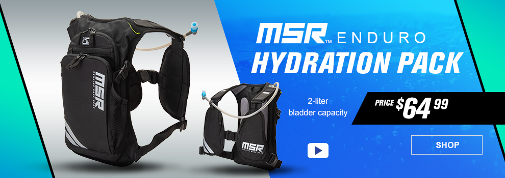 MSR Enduro Hydration Pack, 2-liter bladder capacity, price $64 and 99 cents, video, a front and rear view of the black hydration pack, link, shop