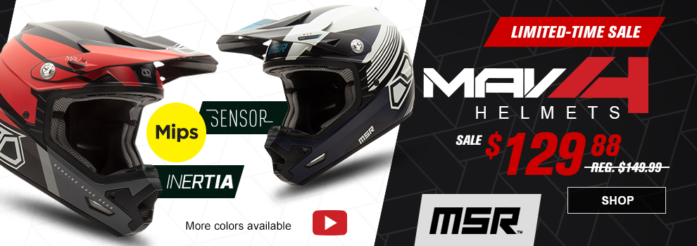 Limited-Time Sale, MSR MAV4 Helmets, Sale $129 and 88 cents, regularly $149 and 99 cents, the red mav4 inertia helmet along with the navy mav4 sensor helmet, more colors available, video, link, shop