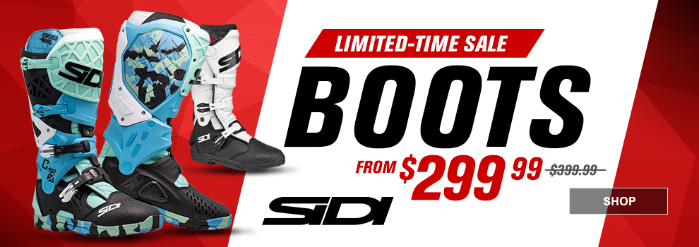 Limited-Time Sale, Sidi Boots, from $299 and 99 cents, regular price $399 and 99 cents, a pair of the Messy/Cyan Crossair X and Black/White X-Power SC Boots, link, shop