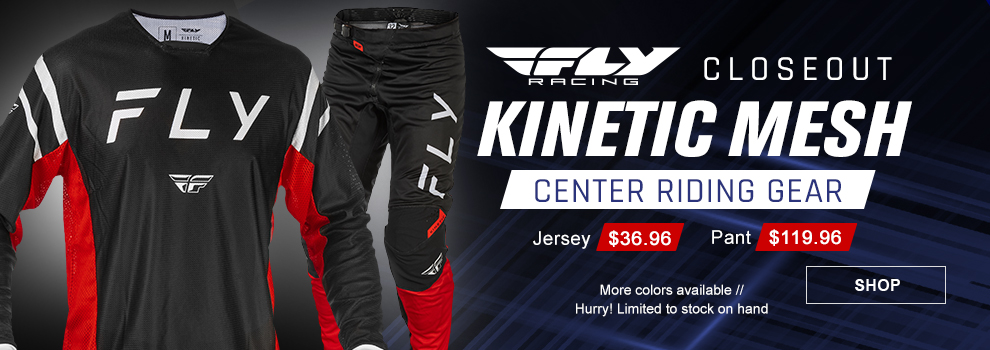 Fly Racing Closeout Kinetic Mesh Center Riding Gear, Jersey $36 and 96 cents, Pant $119 and 96 cents, more colors available, Hurry! Limited to stock on hand, link, shop