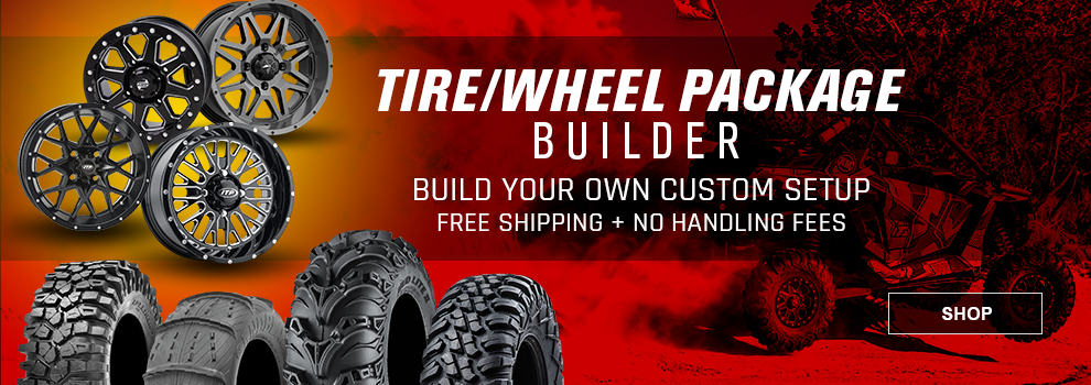 Tire/Wheel Package Builder, Build your own custom setup, Free Shipping plus No Handling Fees, a collage of ATV/UTV Tires and Wheels along with an image of a Polaris RZR XP 1000 in the background, link, shop