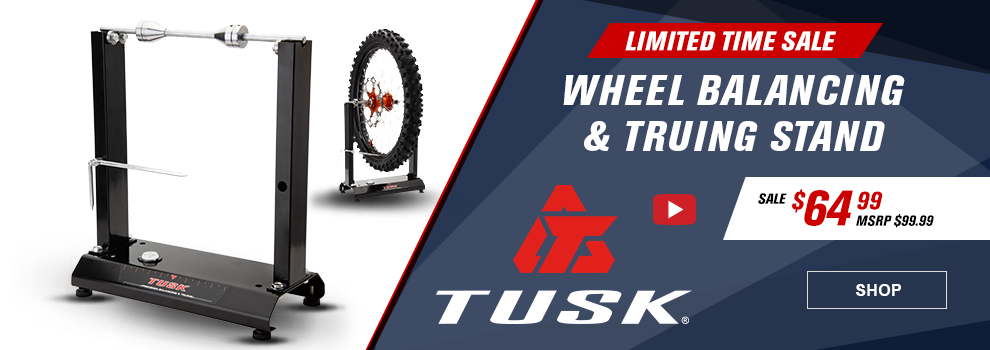 Limited Time Sale, Tusk Wheel Balancing and Truing Stand, Sale $64 and 99 cents, MSRP $99 and 99 cents, video available, the stand along with a shot of a tire on it, link, shop