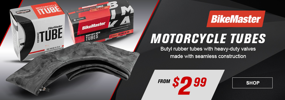 BikeMaster Motorcycle Tubes, Butyl rubber tubes with heavy-duty valves made with seamless construction, from $2 and 99 cents, a collage of tubes, link, shop