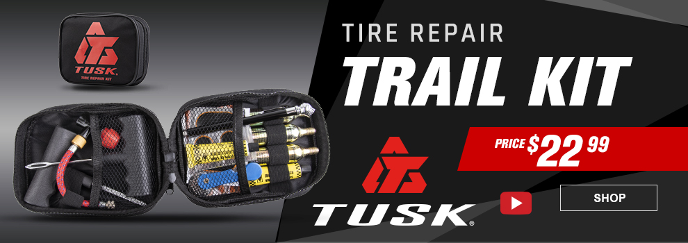 Tusk Tire Repair Trail Kit, price $22 and 99 cents, video, the kit opened up showing the contents within, link, shop