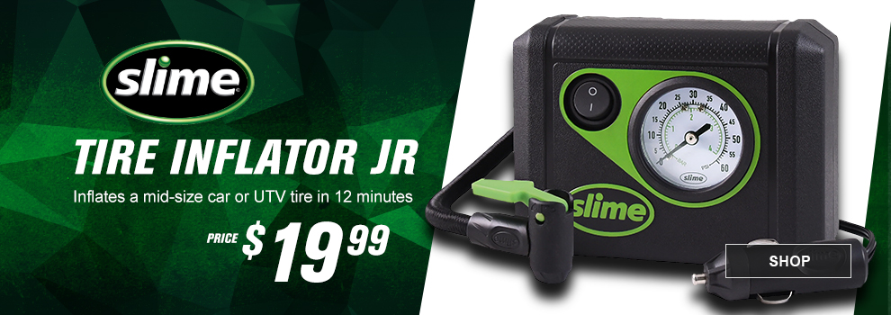 Slime Tire Inflator Jr, Inflates a mid-size car or UTV tire in 12 minutes, price $19 and 99 cents, link, shop