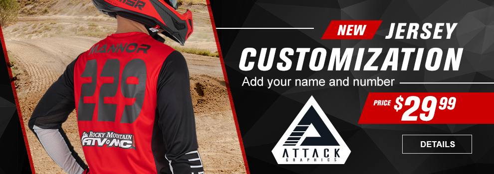 New, Attack Graphics Jersey Customization, Add your name and number, Price $29 and 99 cents, a man standing on a motocross track and is wearing red and black riding gear showing his name and number on the back of the jersey, link, details
