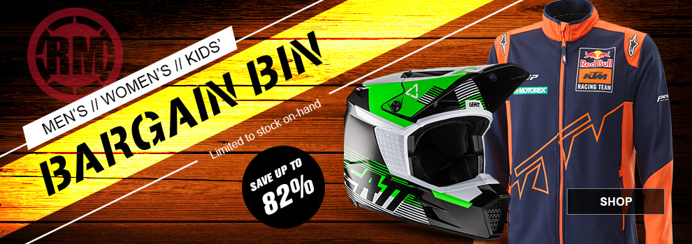 RM Men's, Women's, Kids', Bargain Bin, Limitied to stock on hand, Save up to 82 percent, a green and black Leatt MX Helmet along with a KTM casual jacket, link, shop