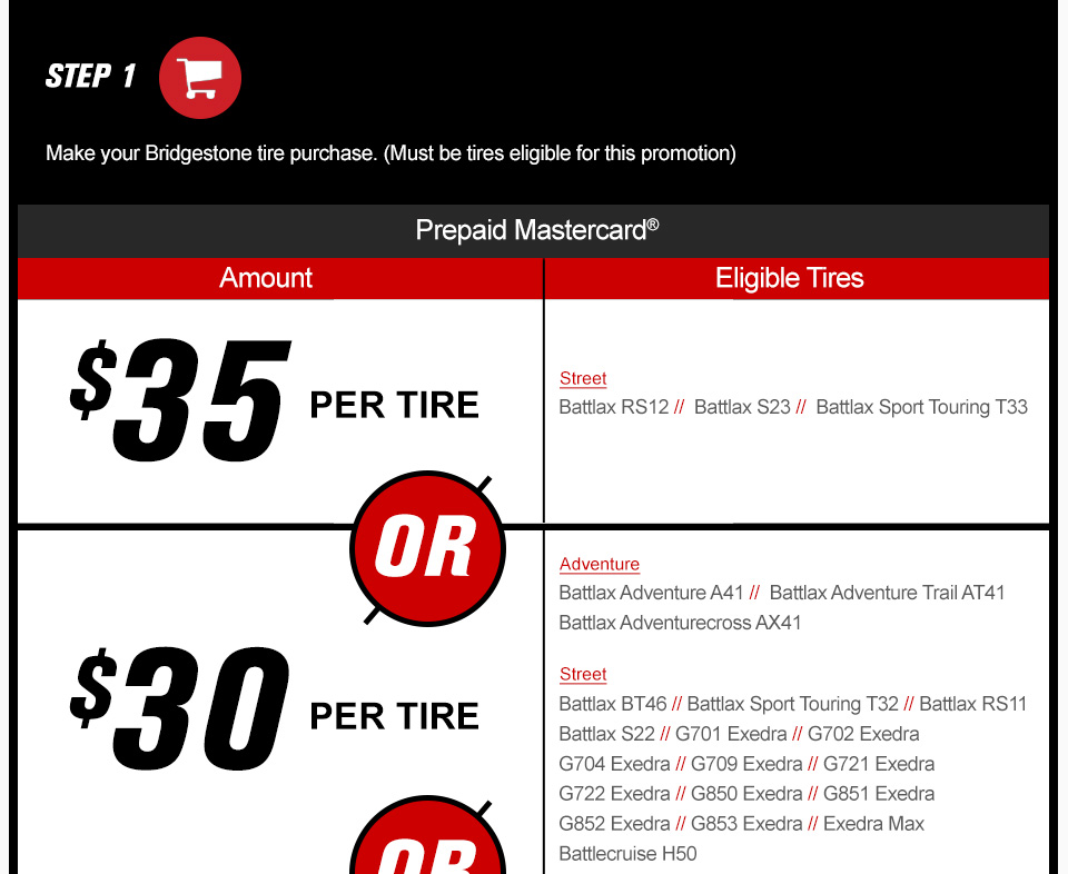 Step 1, Make your Bridegstone tire purchase, must be tires eligible for this promotion, Prepaid Mastercard, Amount, $35 per tire, eligible tires, street, Battlax RS12, Battlax S23, Battlax Sport Touring T33, $30 per tire, Adventure eligible tires, Battlax Adventure A41, Battlax Adventure Trail AT41, Battlax Adventurecross AX41, street, Battlax Bt46, Battlax Sport Touring T32, Battlax RS11, Battlax S22, G701 Exedra, G702 Exedra, G704 Exedra, G709 Exedra, G721 Exedra, G722 Exedra, G850 Exedra, G851 Exedra, G852 Exedra, G853 Exedra, Exedra Max, Battlecruise H50, link
