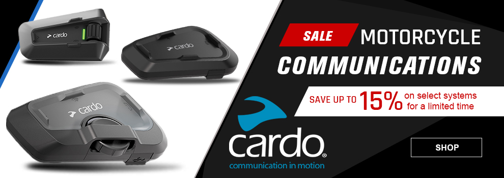 Cardo, Communication in motion, Sale, Motorcycle Communications, Save up to 15 percent on select systems for a limited time, a collage of Cardo Communication Devices, link, shop