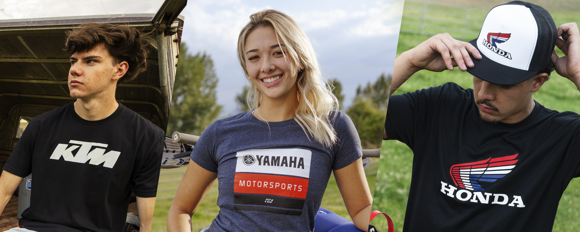 Image with split sections, from left to right - Man wearing KTM shirt, Woman wearing Yamaha shirt, man wearing Honda shirt and hat