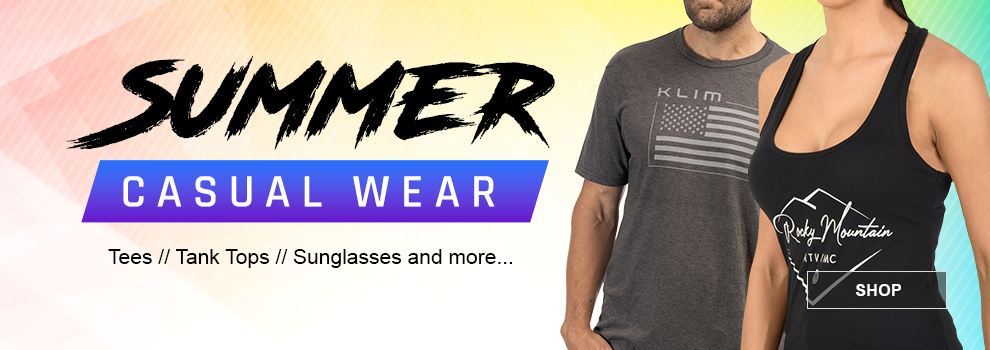 Summer Casual Wear, Tees, Tank Tops, Sunglasses and more, a woman wearing a black Rocky Mountain ATV/MC tank top and a man wearing a grey Klim t-shirt with an American flag on it, link, shop